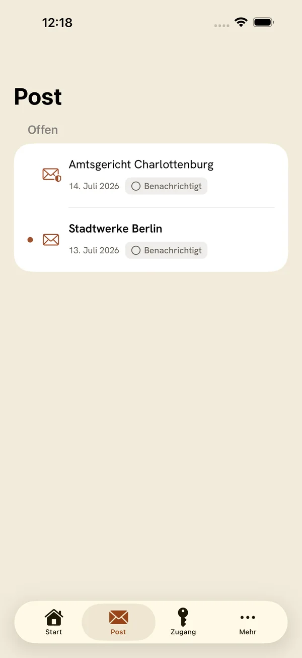 Flexovo-App, Bereich Post: zwei neue Sendungen, beide benachrichtigt