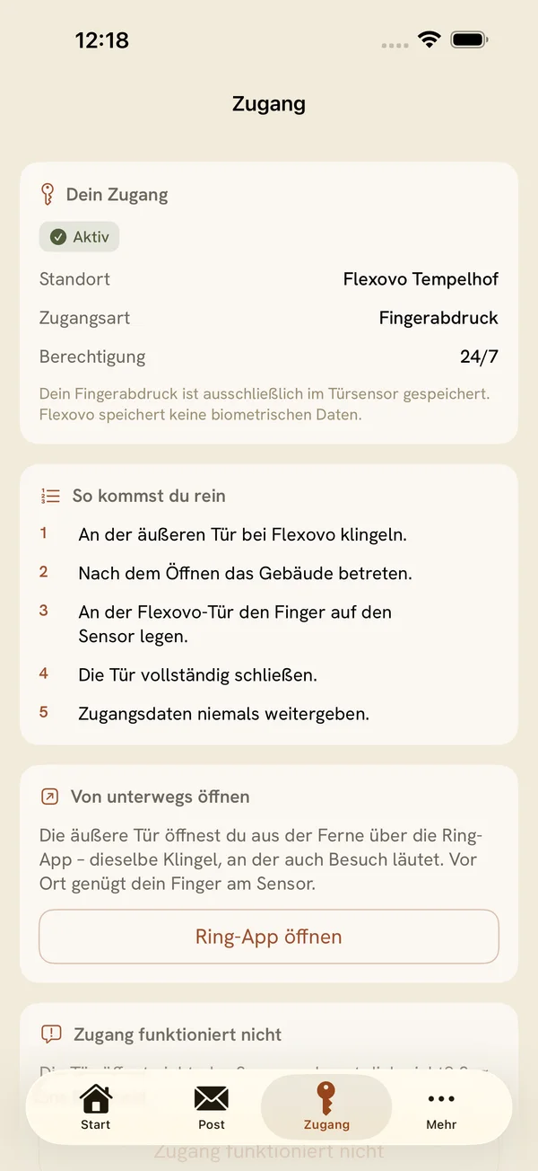 Flexovo-App, Bereich Zugang: aktiver Zugang per Fingerabdruck, rund um die Uhr, mit Anleitung zum Reinkommen