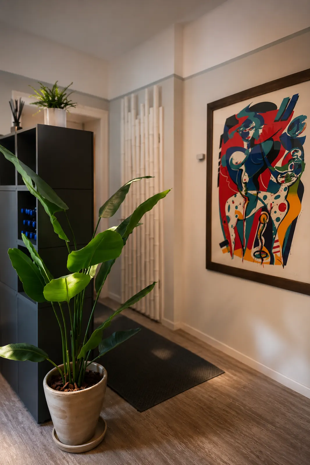 Eingangsbereich mit Kunstwerk und Pflanzen