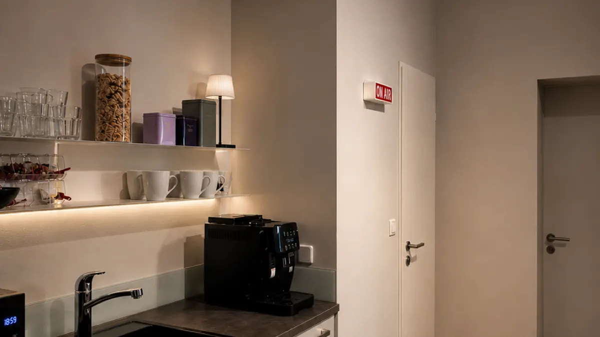 Küche bei Flexovo Tempelhof mit Kaffeemaschine, Tassen und Gläsern