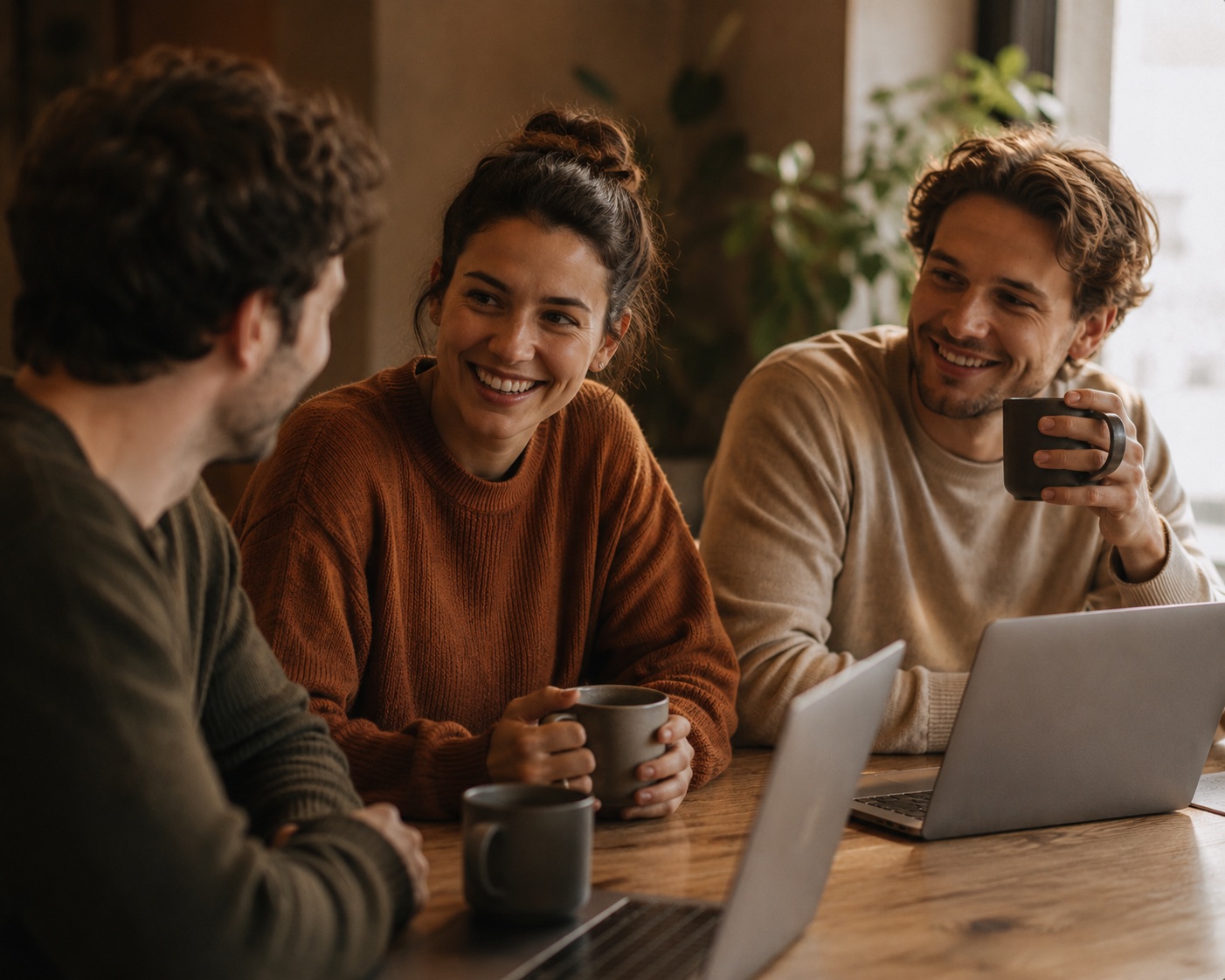 Drei Menschen im Gespräch bei Kaffee und Laptops am Holztisch