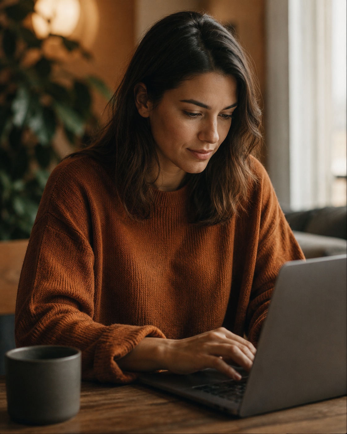Frau im rostroten Pullover arbeitet konzentriert am Laptop
